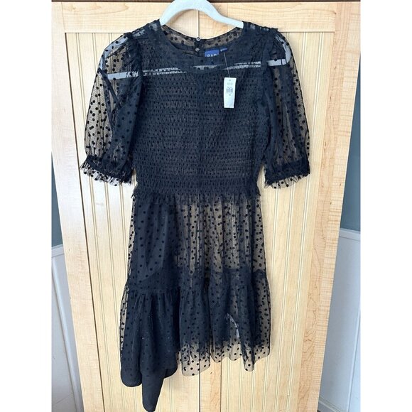 Gap Puff Sleeve Black Mini Dress, Size XS Evening, Cocktail Party, Sheer Mesh - Picture 3 of 8
